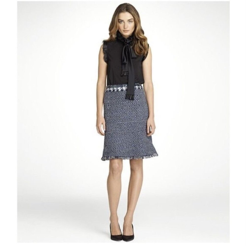 Tory Burch Maryna Skirt Size 8 Navy Blue Tweed Fringe Peplum Hem Beaded Waist